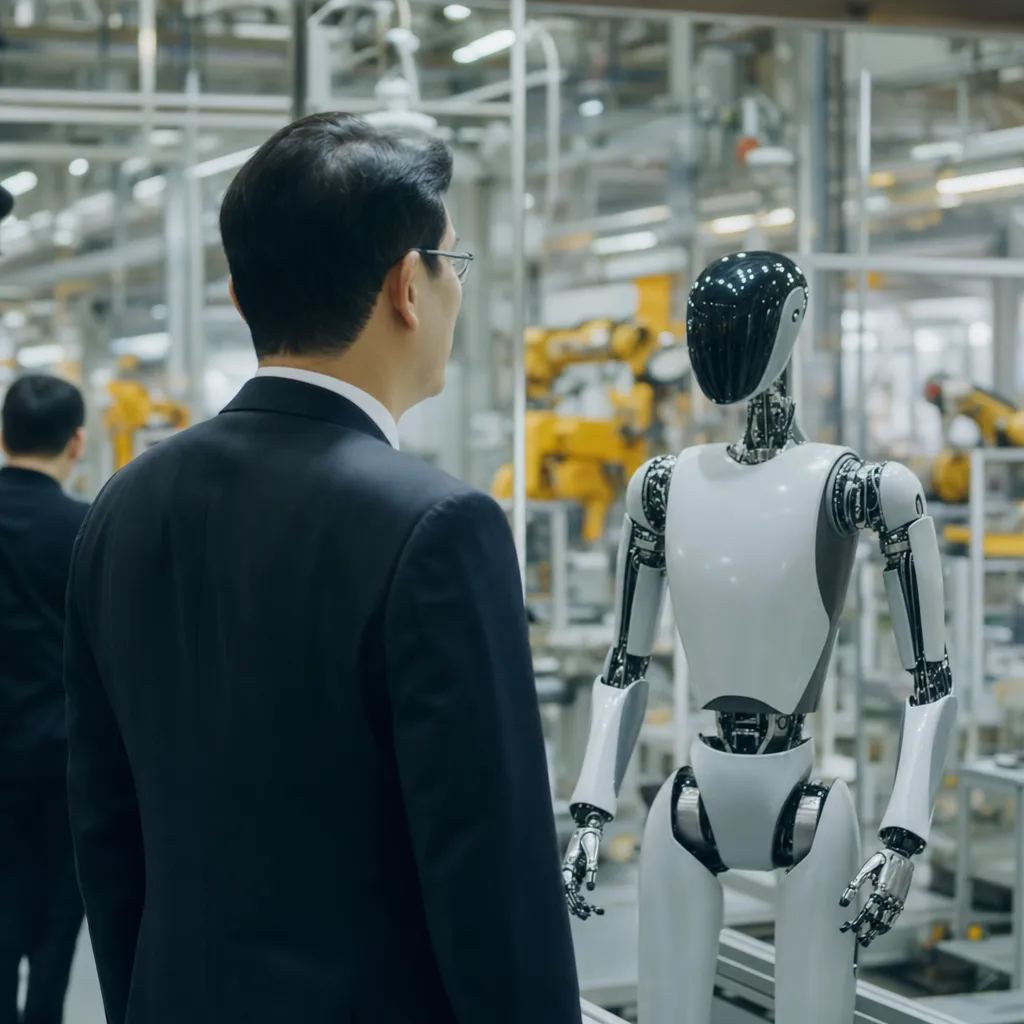 A factory featuring Robots, robot, related to a technology company Chairman Lee Jae-yong Reviews Humanoid 