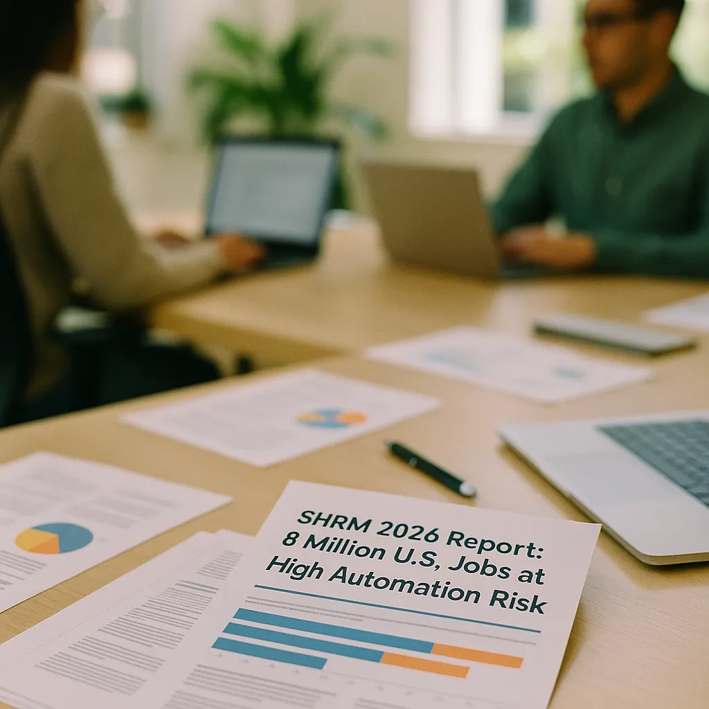 A modern workplace featuring documents, related to SHRM 2026 Report: 8 Million U.S. Jobs at High Automation Ris