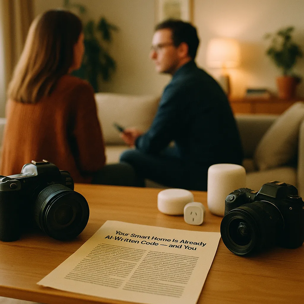 A modern home interior featuring cameras, document, related to Your Smart Home Is Already Running AI-Written Code — and You