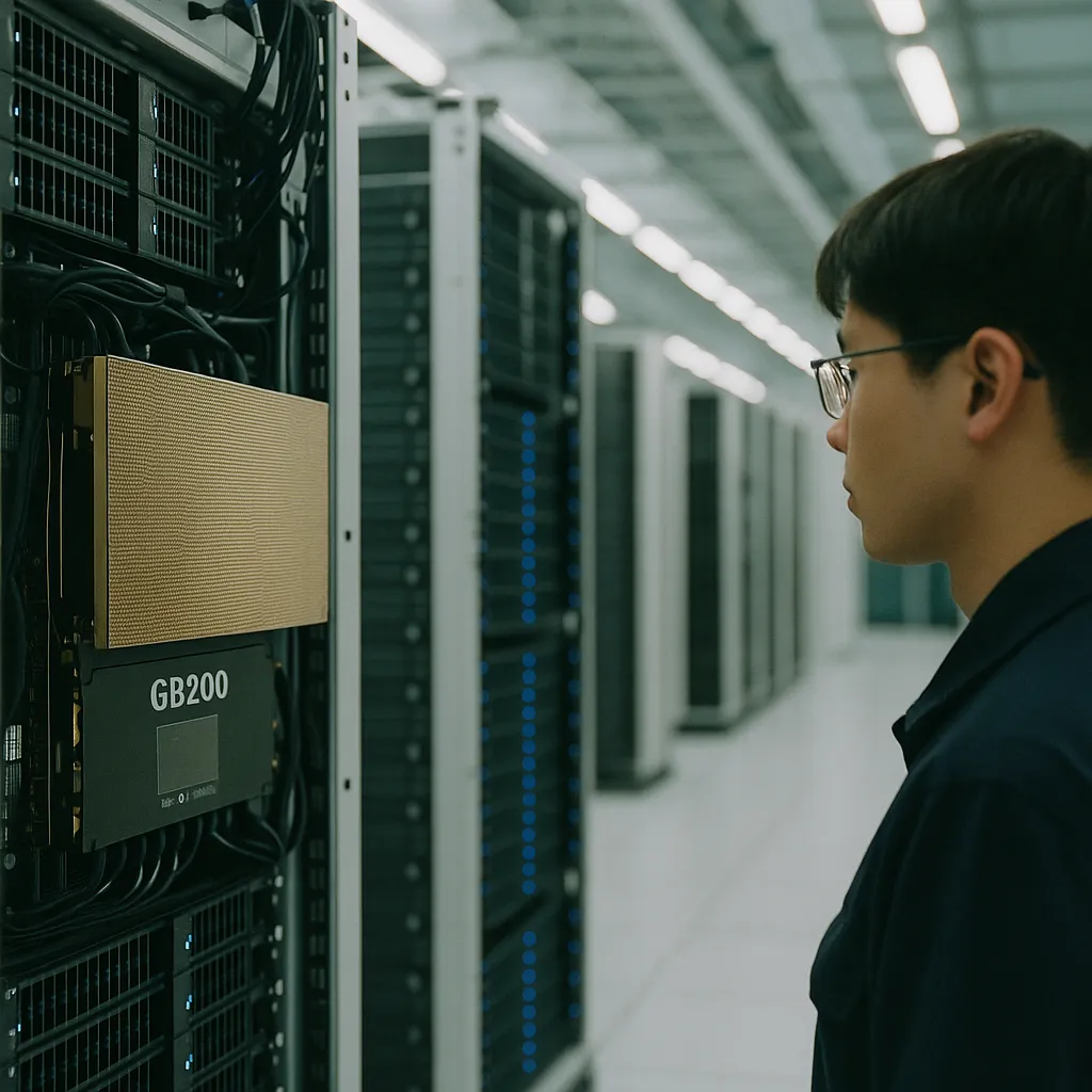 A Data Center featuring Data Center, data centers, related to AI GPU Cloud in Japan With a chip manufacturer GB200, Target from an unusual angle or perspective