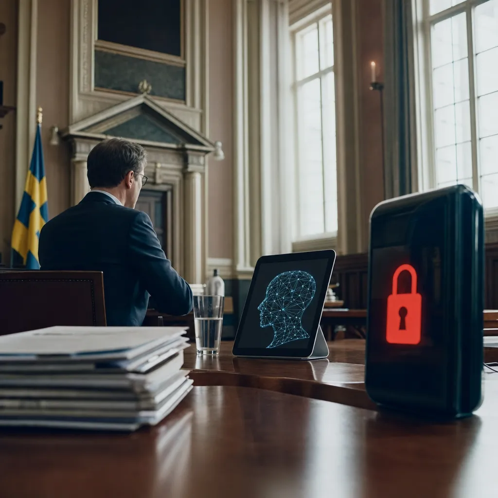 A government building interior featuring contracts, contract, related to Sweden Blocks an AI assistant and an AI assistant on Governm from an unusual angle or perspective