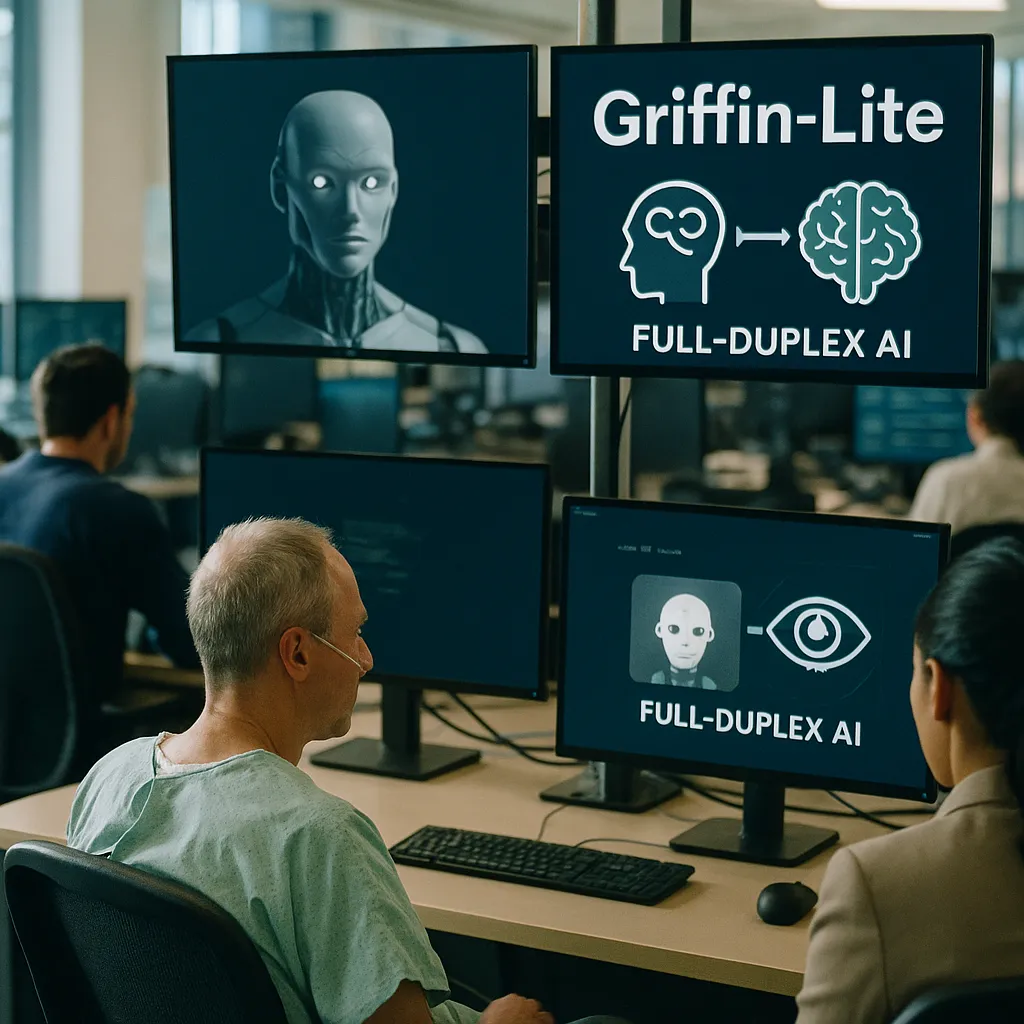 A newsroom featuring patient, monitors, related to Griffin-Lite, the First Full-Duplex AI That Sees, Thinks, an