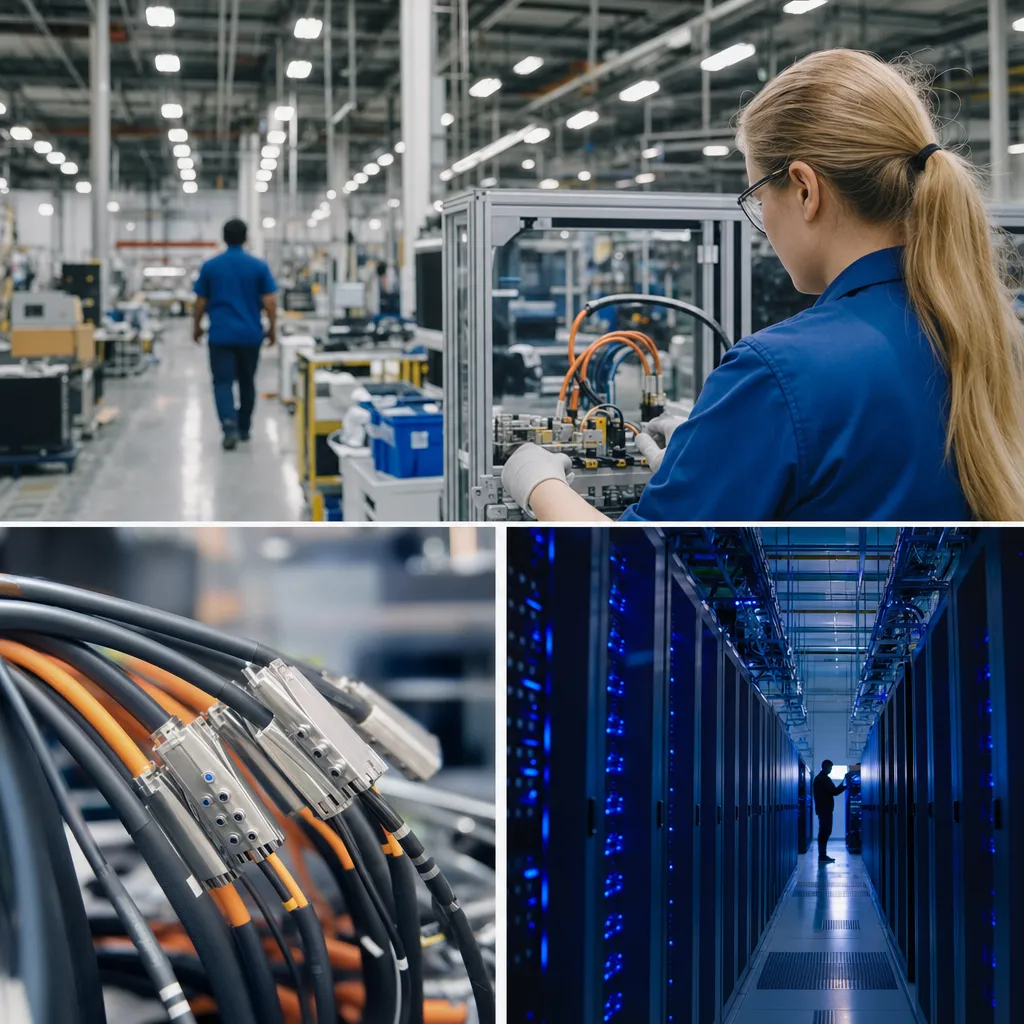 A factory featuring cables, data center, related to TE Connectivity Forecasts $1 Billion in New AI Revenue in 20