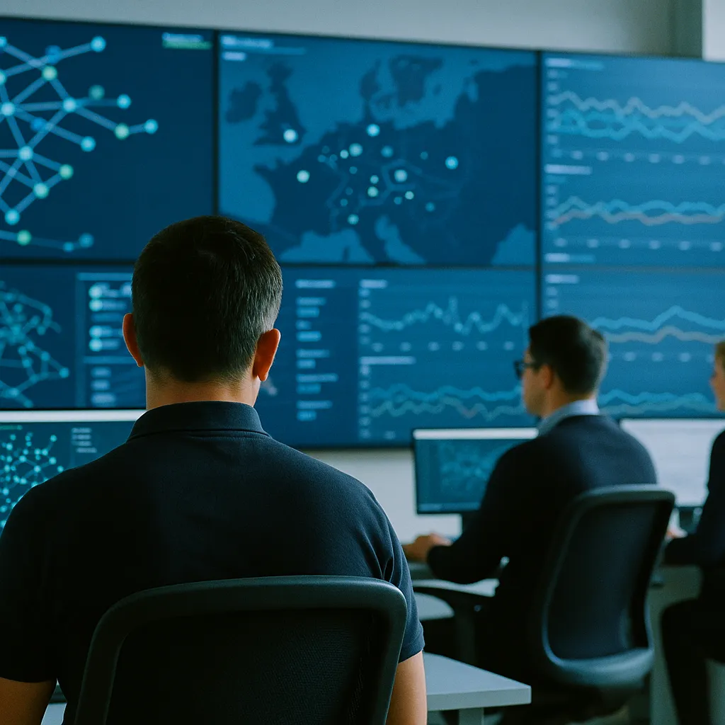 A network operations center featuring monitor, related to Three Carriers, Three AI Network Wins: Deutsche Telekom Cuts