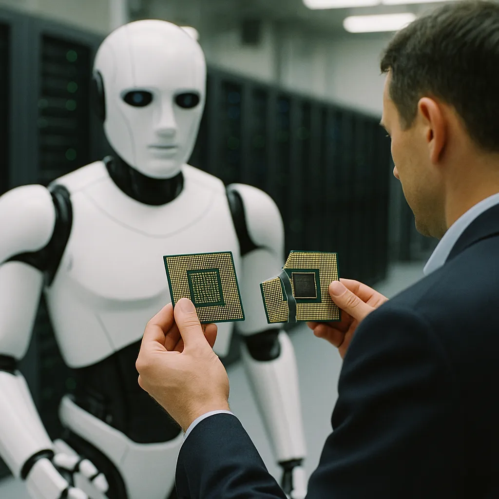 A Data center featuring robot, chips, related to a technology company Cut AI5 Chip Memory in Half to Unlock O