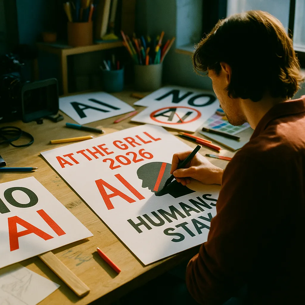 A creative studio where a person is building related to At TheGrill 2026, Filmmakers Draw a Hard Line: Humans Stay i