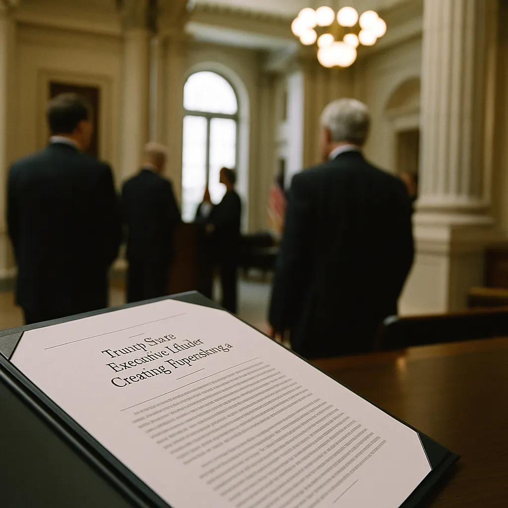 A government building interior featuring documents, related to Trump Signs Executive Order Creating 'Super a technology com from an unusual angle or perspective
