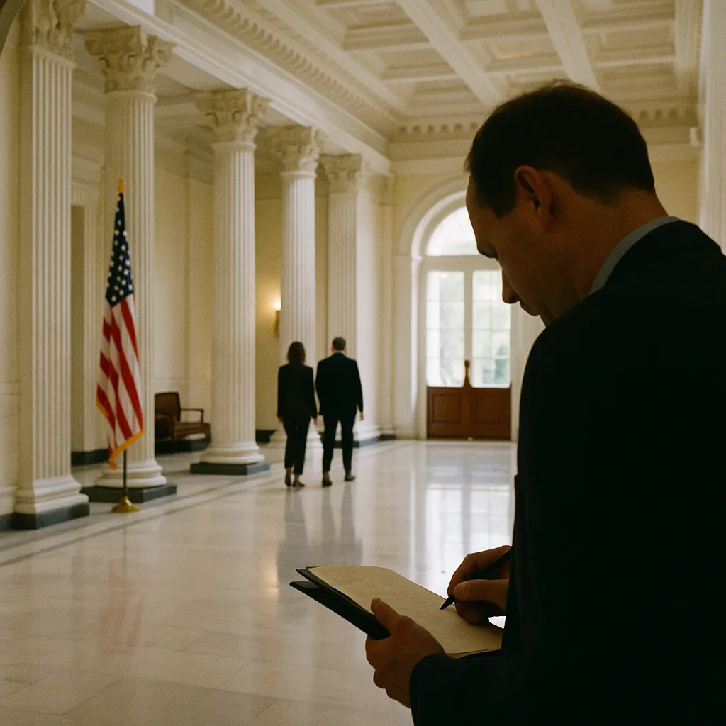 A government building interior where a person is testing related to Trump Hosts AI CEOs at White House, Pushes Industry Self-Reg from an unusual angle or perspective