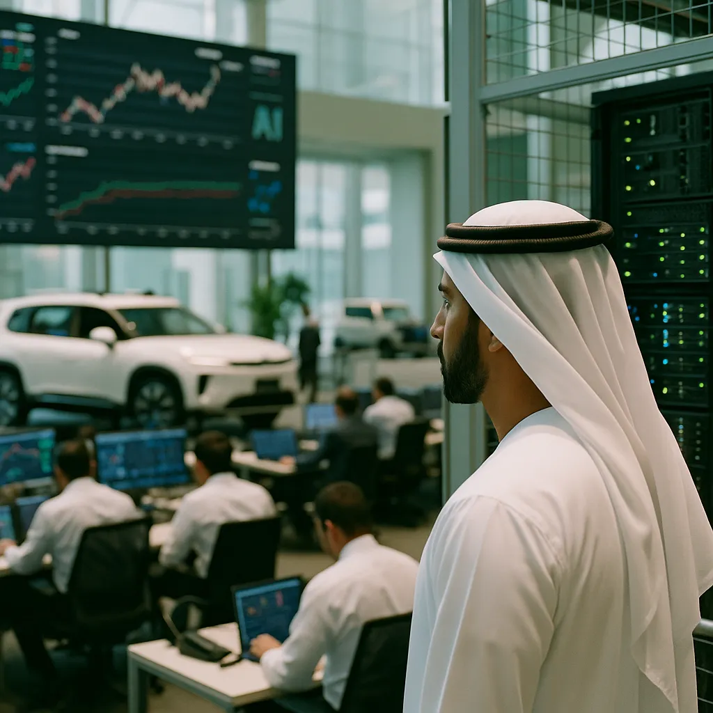 A financial trading floor featuring data centers, vehicles, related to UAE Bets on AI Finance Dominance as Ai Everything Abu Dhabi  from an unusual angle or perspective