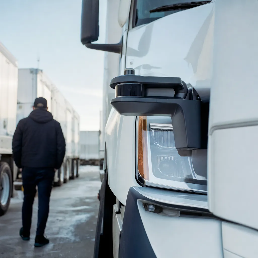 A transportation hub featuring truck, trucks, related to Waabi and Warrior Logistics Launch Commercial Autonomous Fre from an unusual angle or perspective