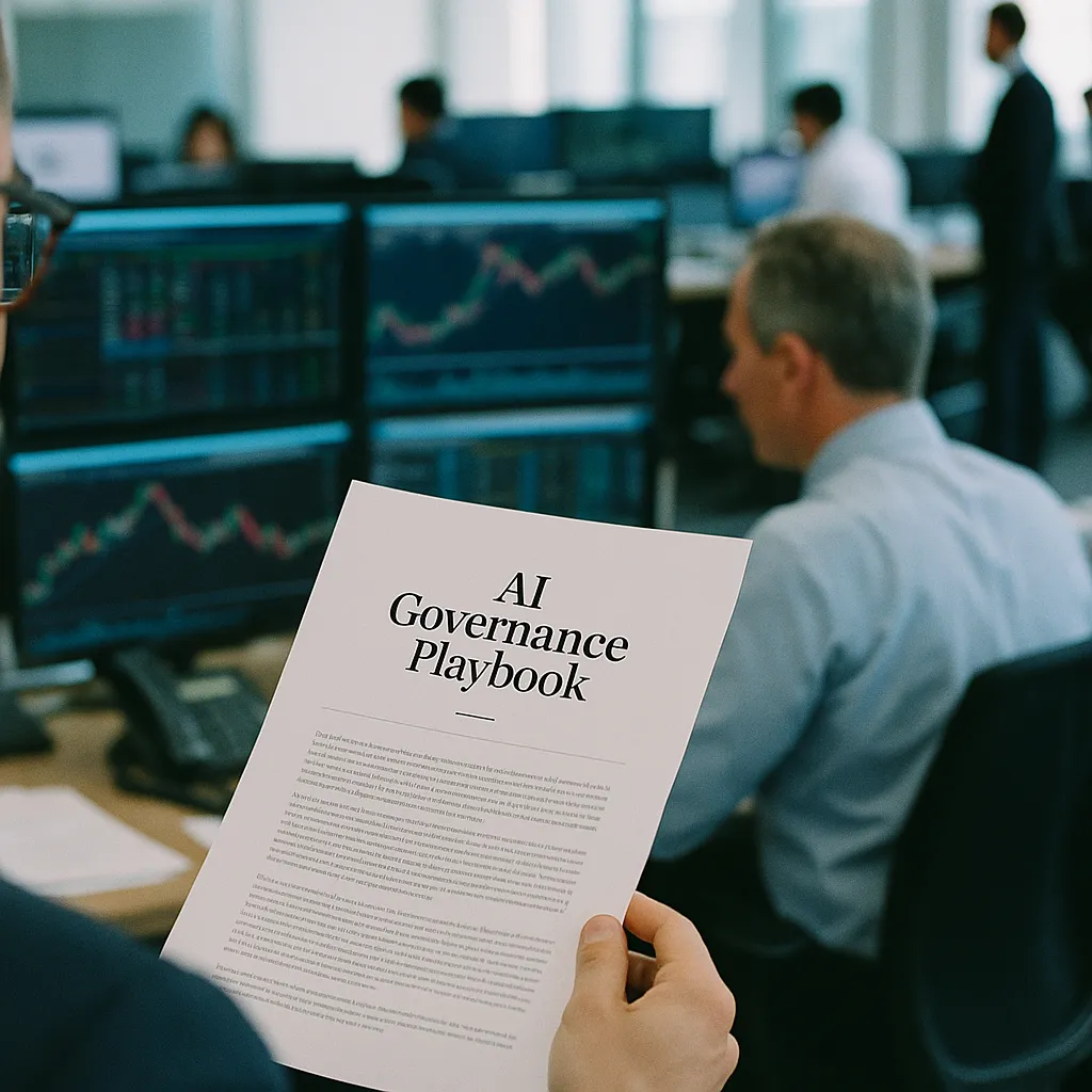 A financial trading floor featuring document, monitor, related to WEF Publishes AI Governance Playbook for Global Financial Se