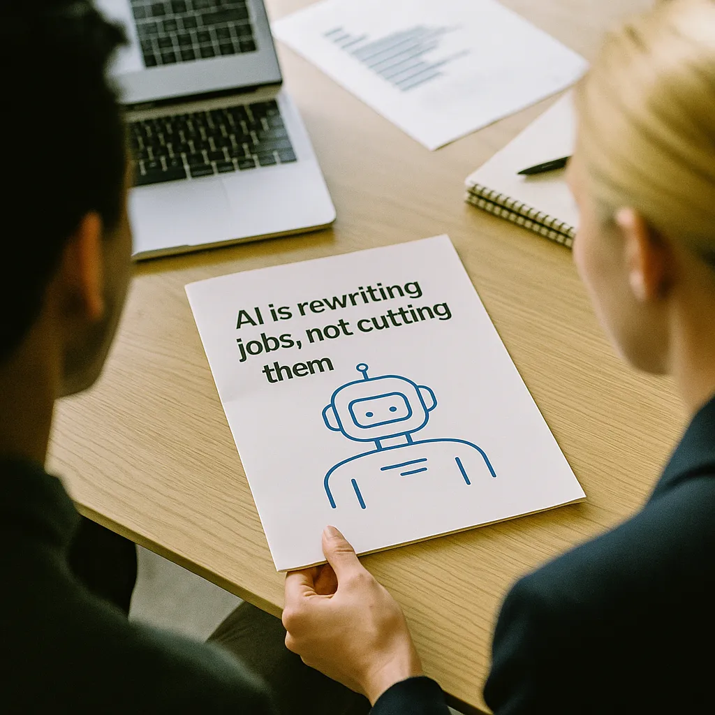 A modern workplace featuring documents, related to Workday: AI Is Rewriting Jobs, Not Cutting Them — Builder Sk from an unusual angle or perspective