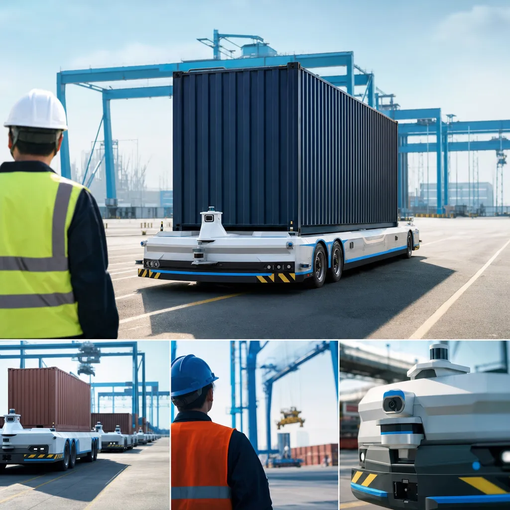 A port featuring truck, vehicle, related to Chinese Manufacturer XCMG Unveils Cab-Less Autonomous Electr